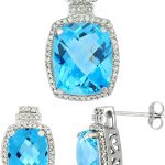 Silver City Jewelry 10K White Gold Diamond Natural Swiss Blue Topaz 8x6mm Earring & 11x9mm Pendant Set Octagon Cushion