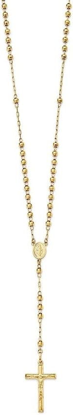 Diamond2Deal 14k Yellow Gold Diamond-cut 4mm Beaded Semi-solid Rosary 24 inch Necklace Fine Jewelry Gift for Women