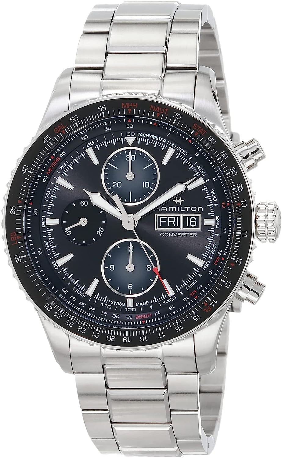 260107124440738_1 Hamilton Watch Khaki Aviation Converter Swiss Automatic Chronograph Watch 44mm Case, Black Dial, Silver Stainless Steel Bracelet (Model: H76726130) - Image 1